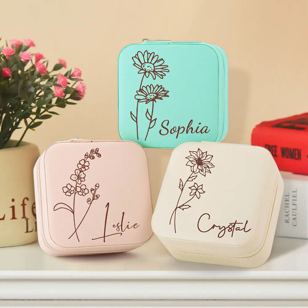 Personalised Custom Birth Flower Jewellery Box Organizer Storage Case Box Gift