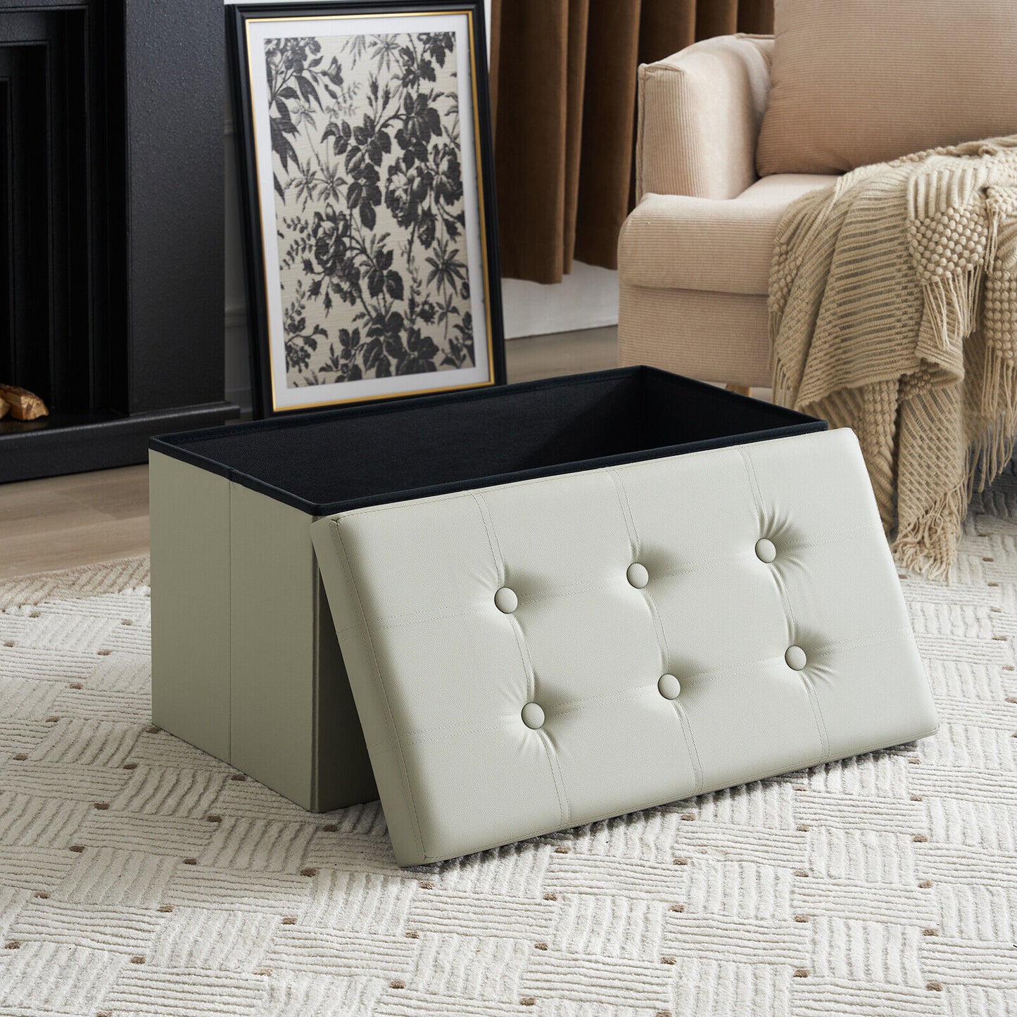 Folding Ottoman Storage Box Pouffe Seat Stool Home Chair Foot stool Bench LINEN