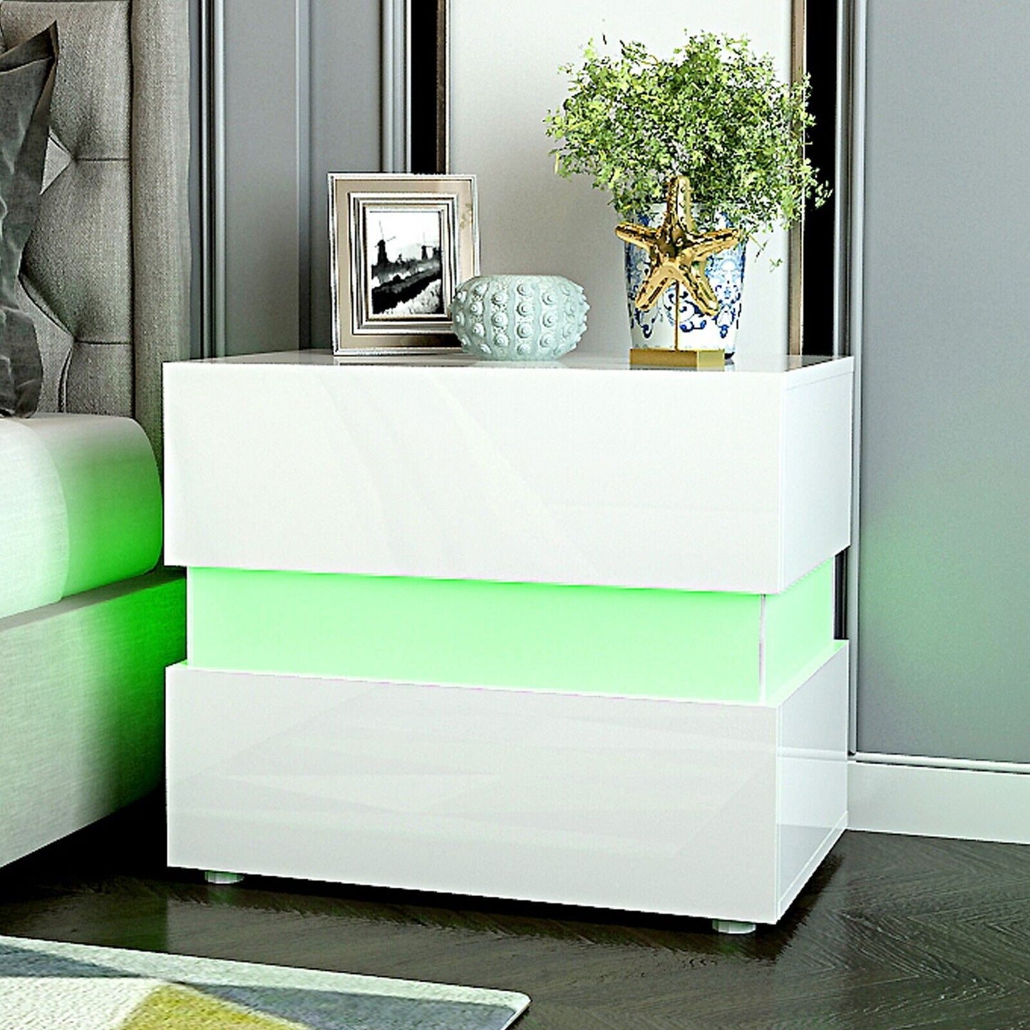 Bedside Table RGB LED Nightstand 2 Drawers  Side High Gloss White