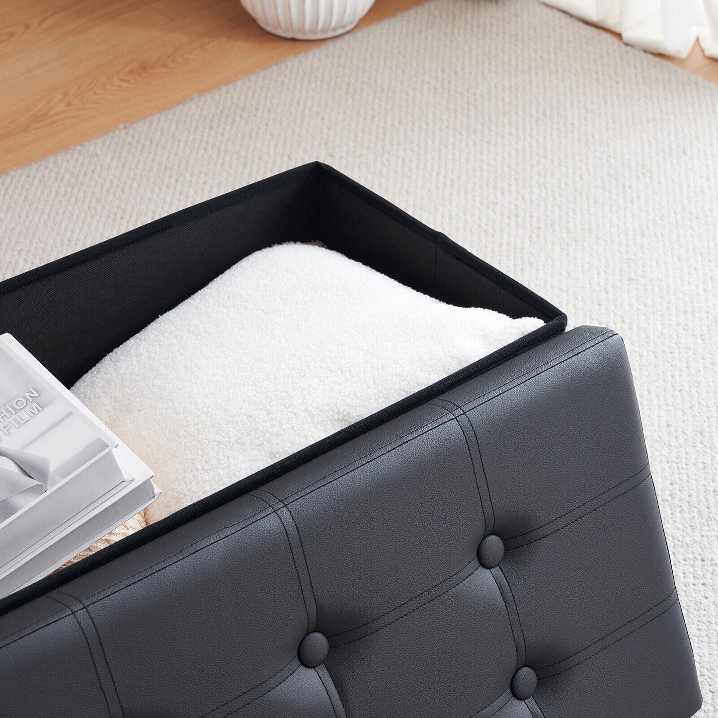 Folding Ottoman Storage Box Pouffe Seat Stool Home Chair Foot stool Bench LINEN