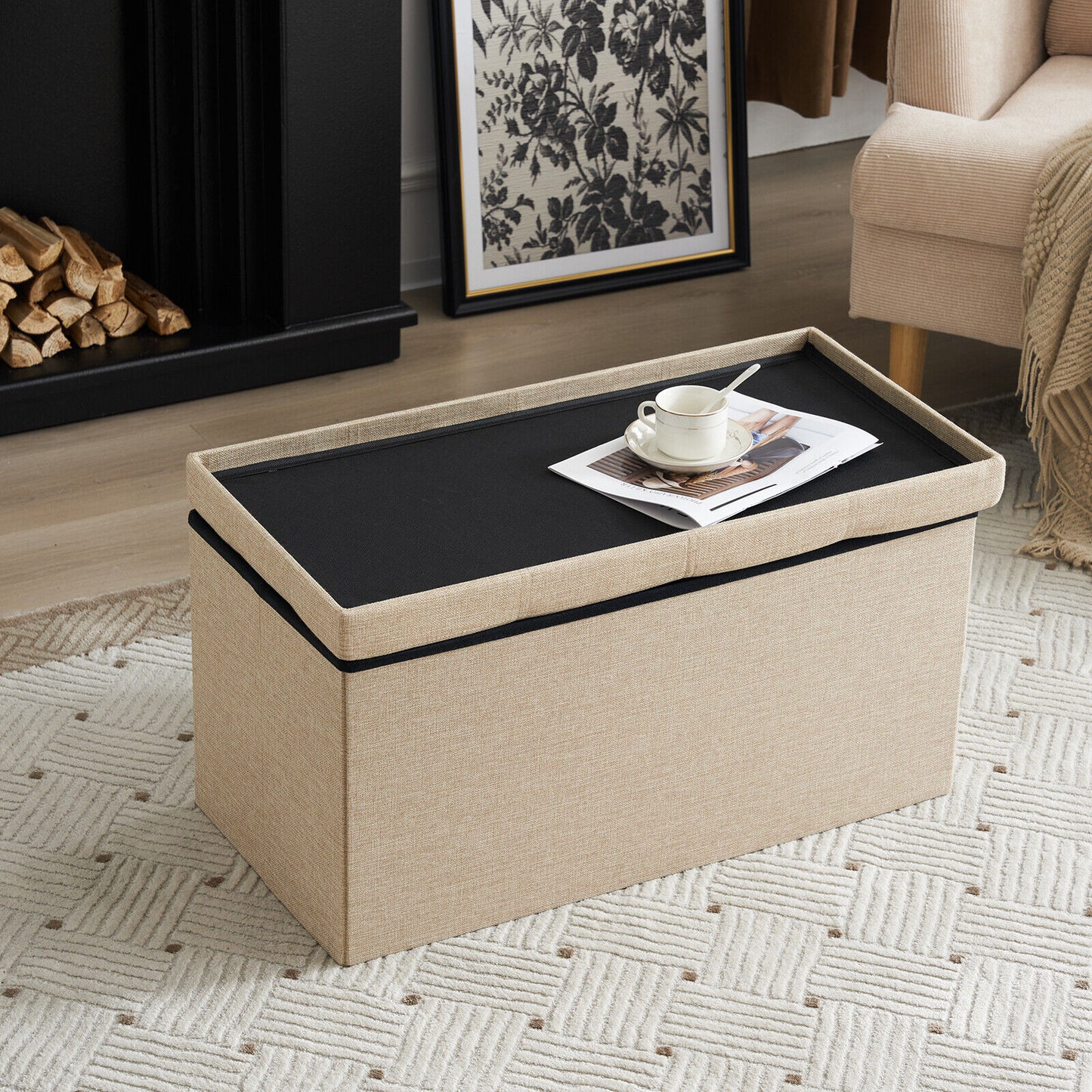 Folding Ottoman Storage Box Pouffe Seat Stool Home Chair Foot stool Bench LINEN
