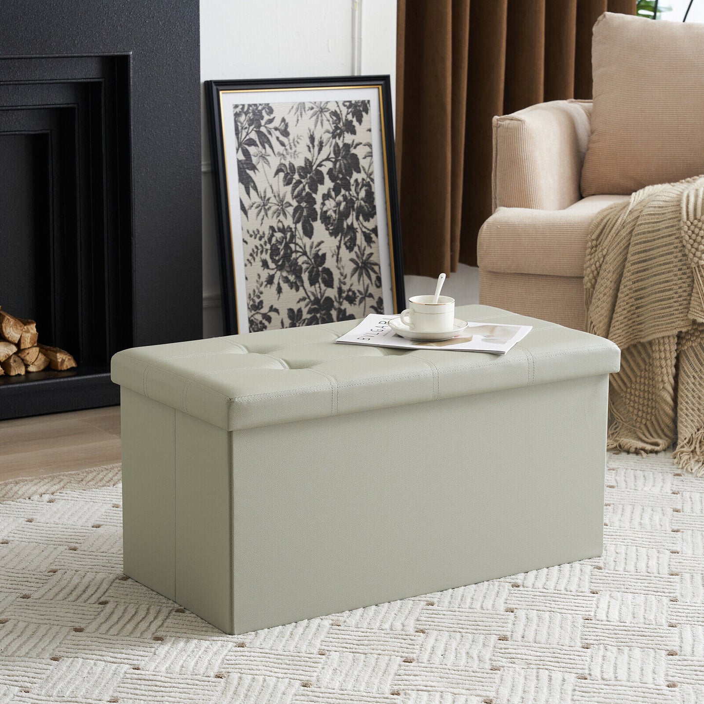 Folding Ottoman Storage Box Pouffe Seat Stool Home Chair Foot stool Bench LINEN