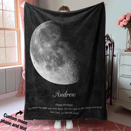 Personalized Custom Moon Phase On Your Date of Birth Blanket Names Birthday Gift