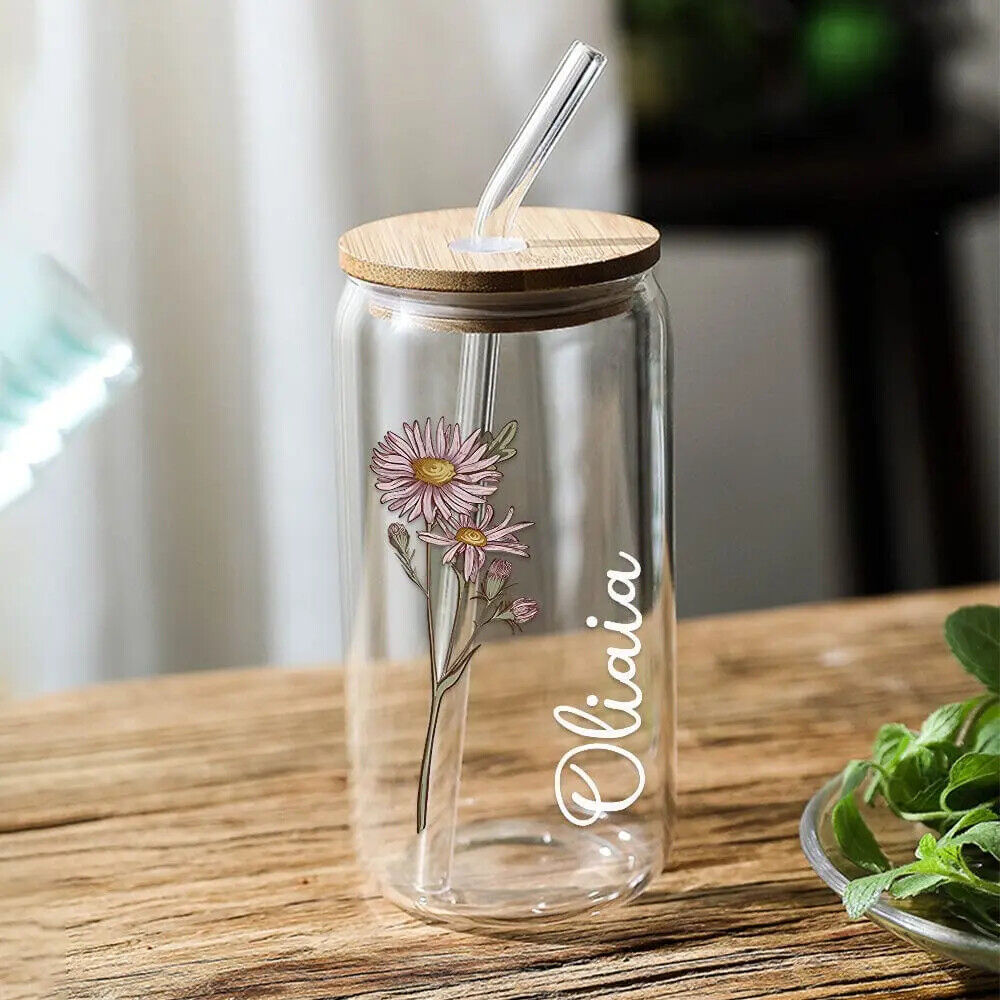 Personalized Name Can Glass with Colorful Birth Flower Custom Can Glass w Straw