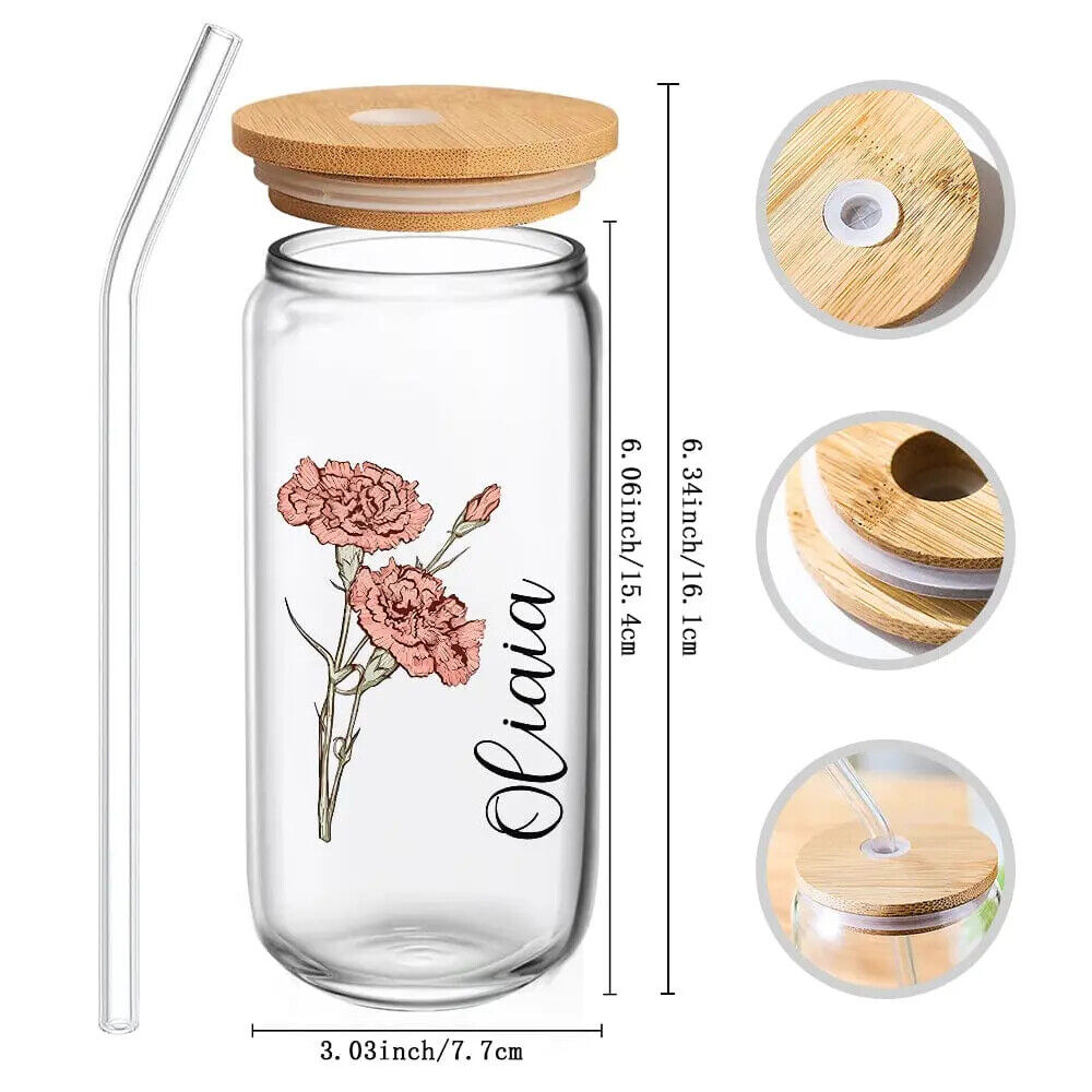 Personalized Name Can Glass with Colorful Birth Flower Custom Can Glass w Straw