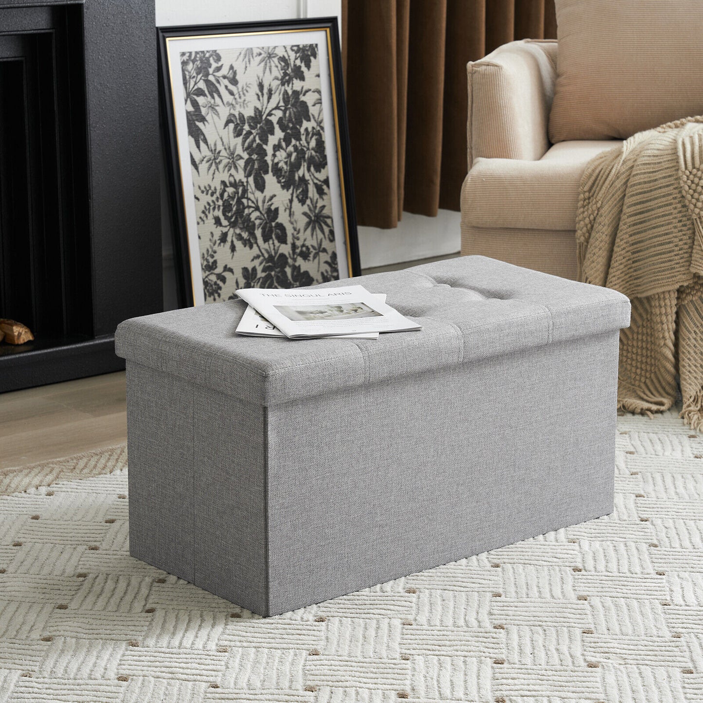 Folding Ottoman Storage Box Pouffe Seat Stool Home Chair Foot stool Bench LINEN