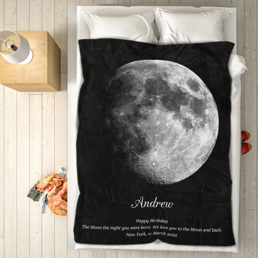Personalized Custom Moon Phase On Your Date of Birth Blanket Names Birthday Gift