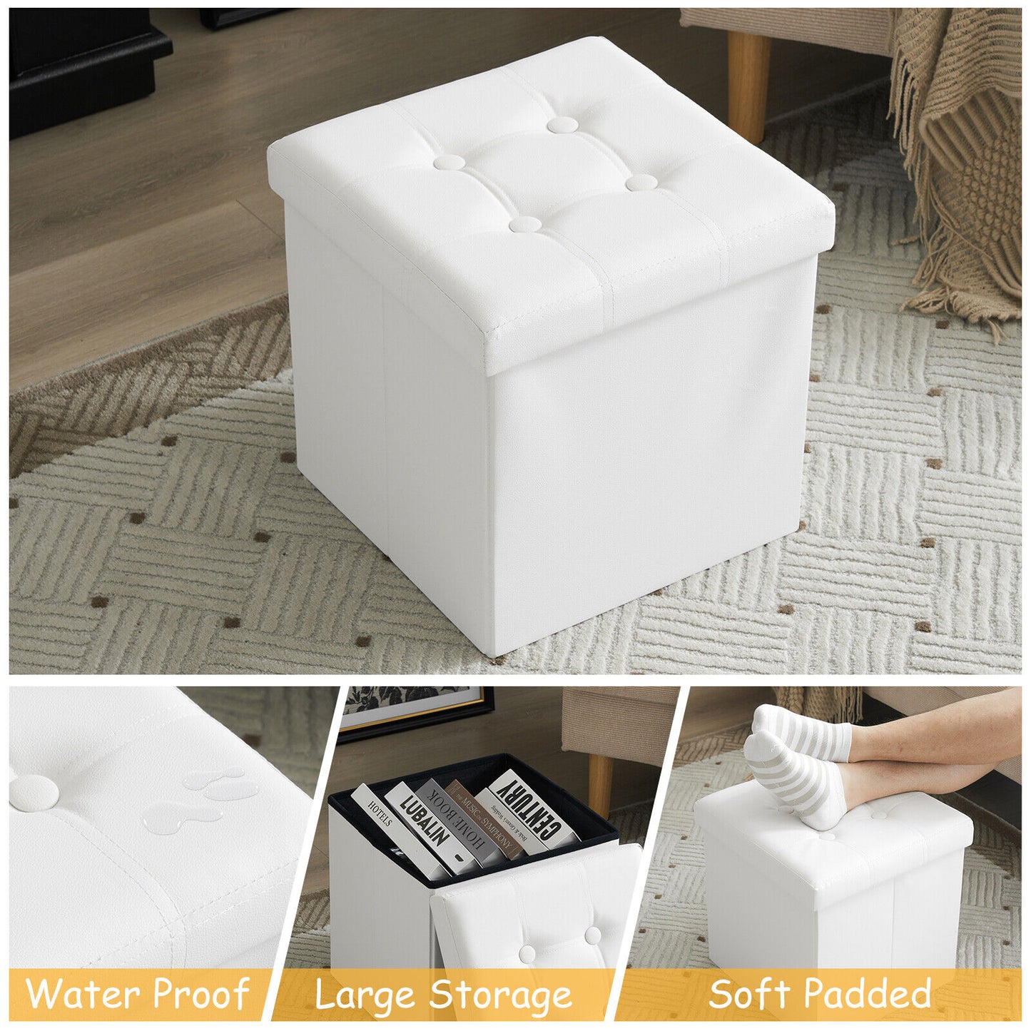 Folding Ottoman Storage Box Pouffe Seat Stool Home Chair Foot stool Bench LINEN