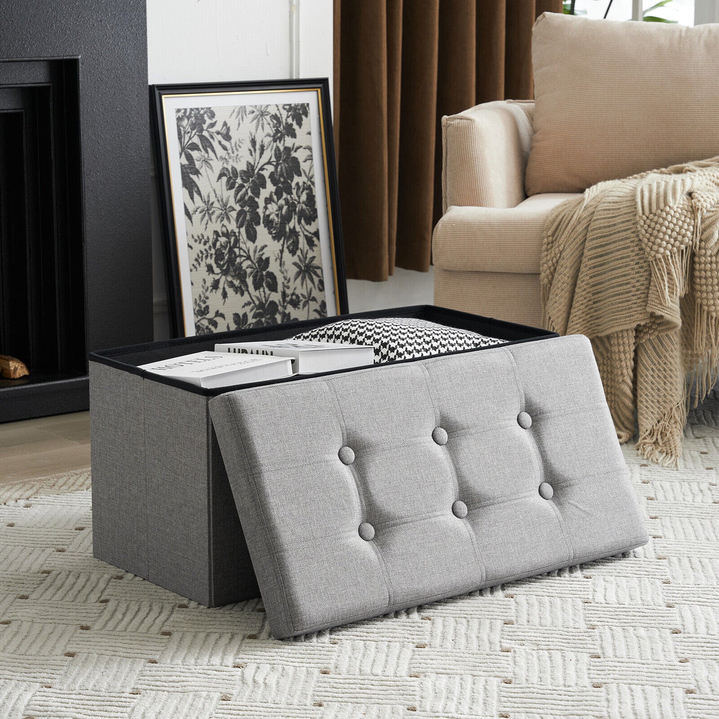 Folding Ottoman Storage Box Pouffe Seat Stool Home Chair Foot stool Bench LINEN