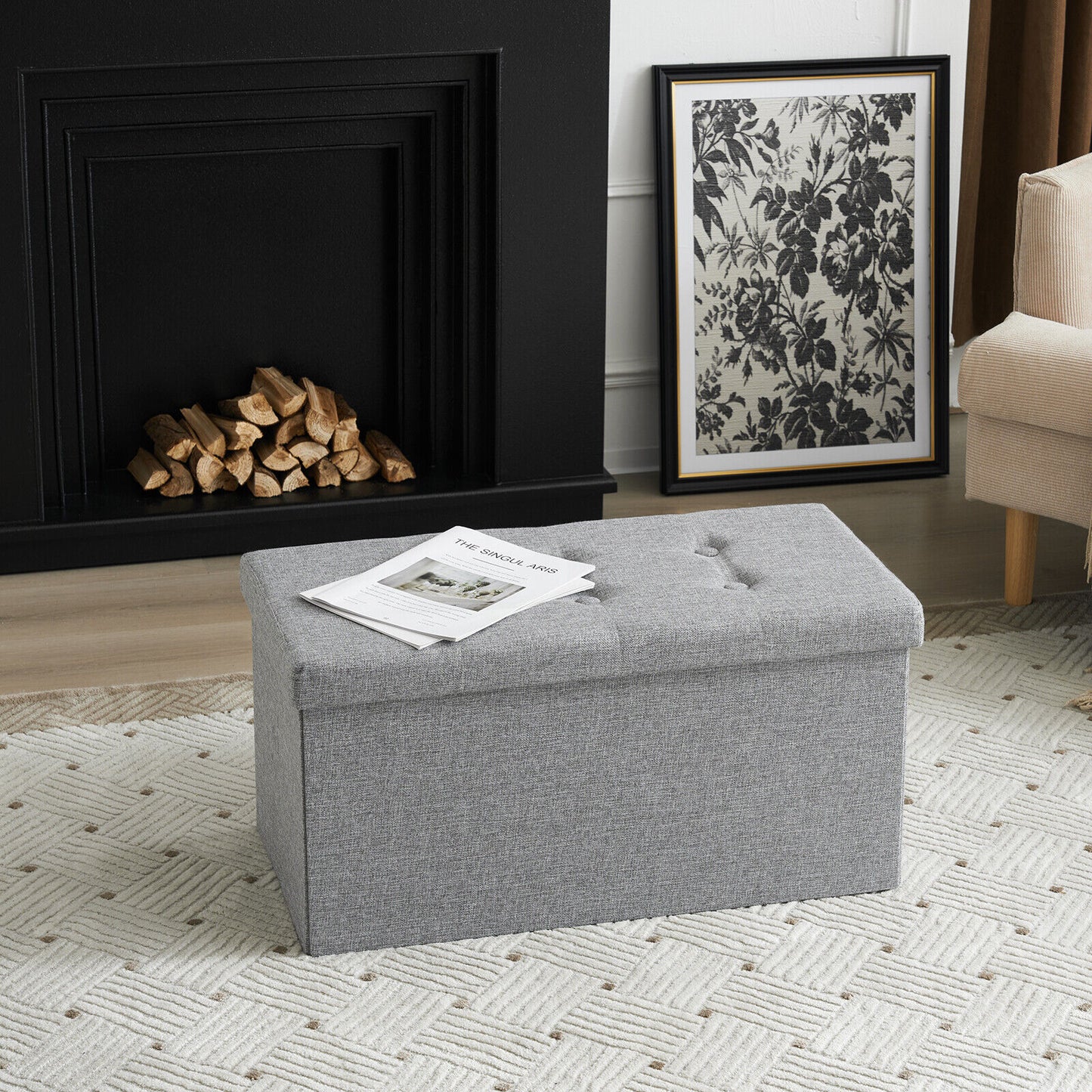 Folding Ottoman Storage Box Pouffe Seat Stool Home Chair Foot stool Bench LINEN