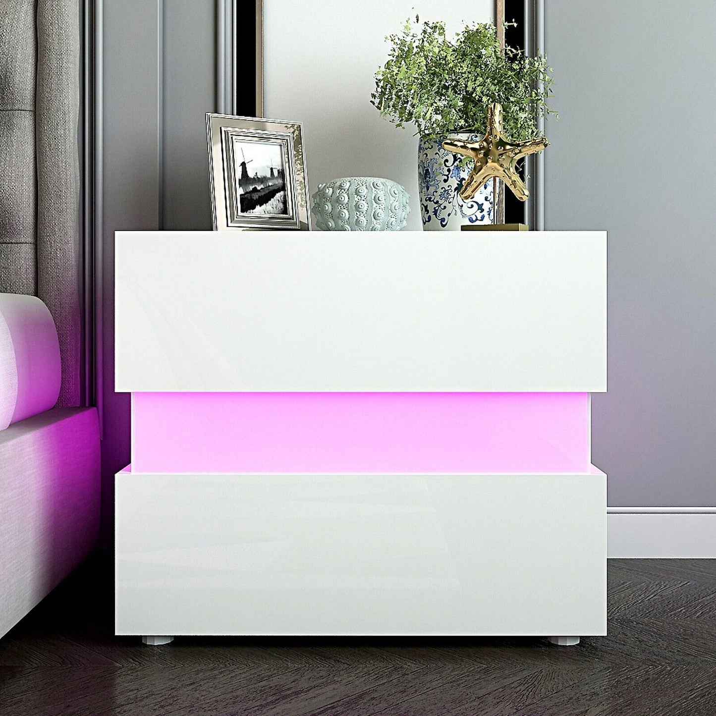 Bedside Table RGB LED Nightstand 2 Drawers  Side High Gloss White