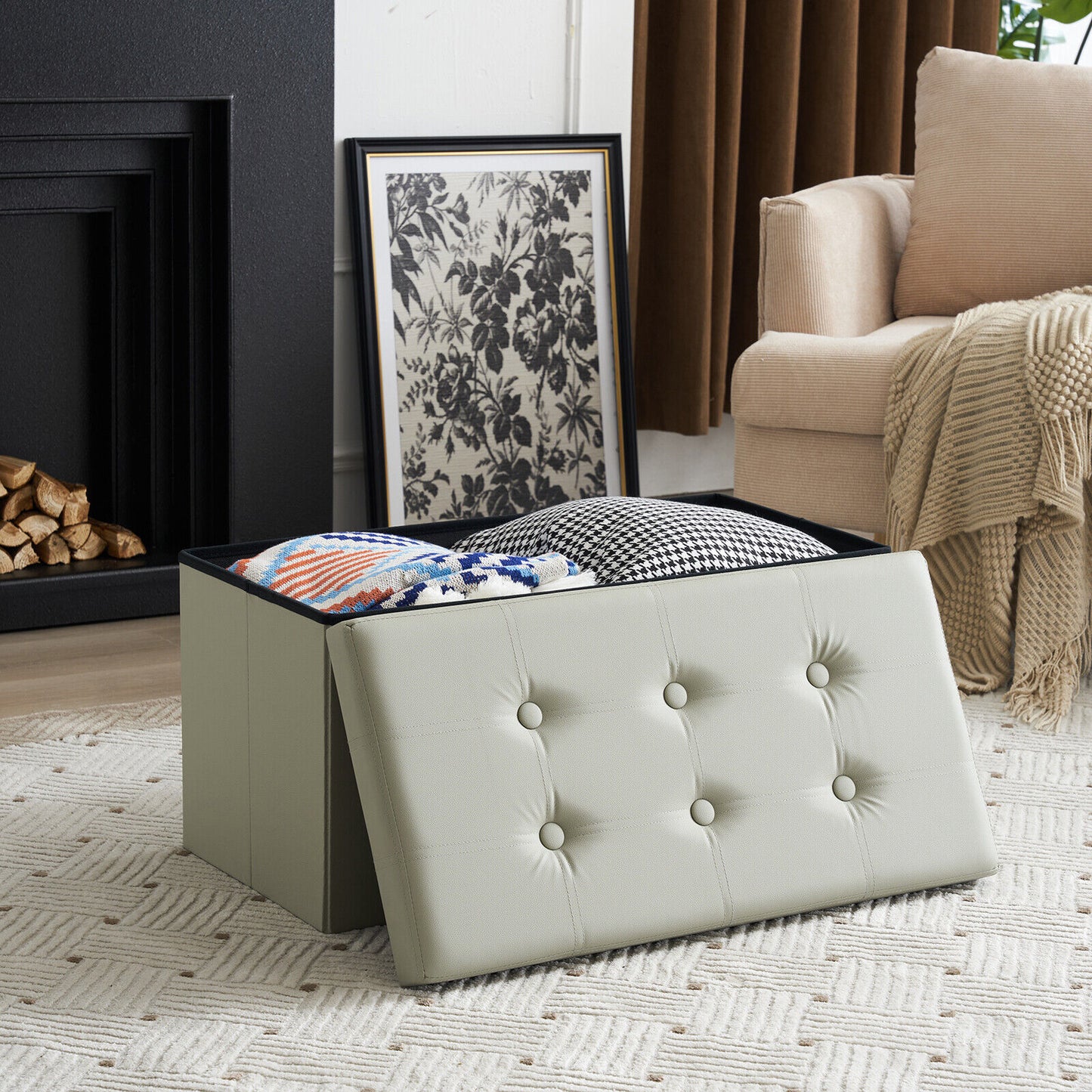 Folding Ottoman Storage Box Pouffe Seat Stool Home Chair Foot stool Bench LINEN