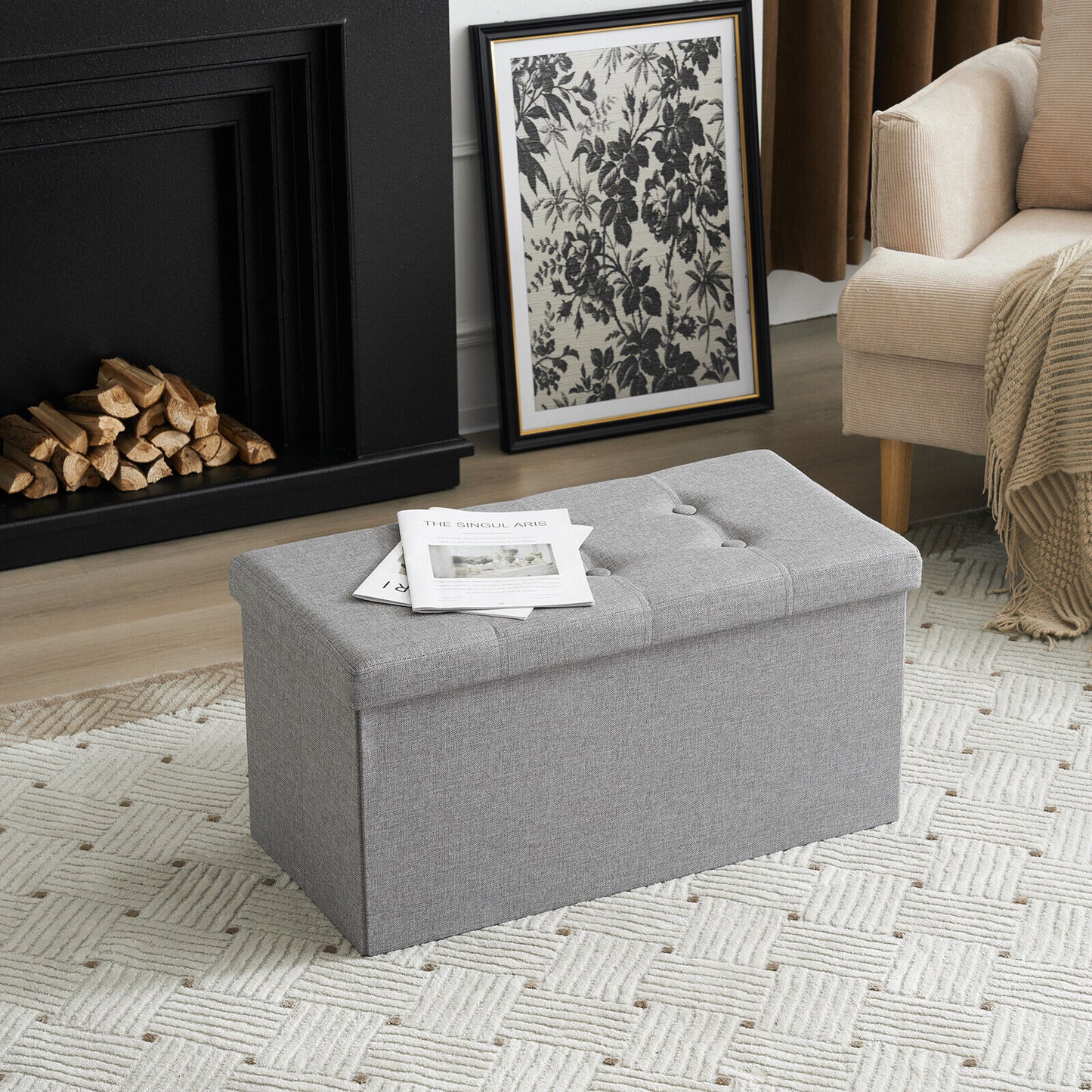 Folding Ottoman Storage Box Pouffe Seat Stool Home Chair Foot stool Bench LINEN