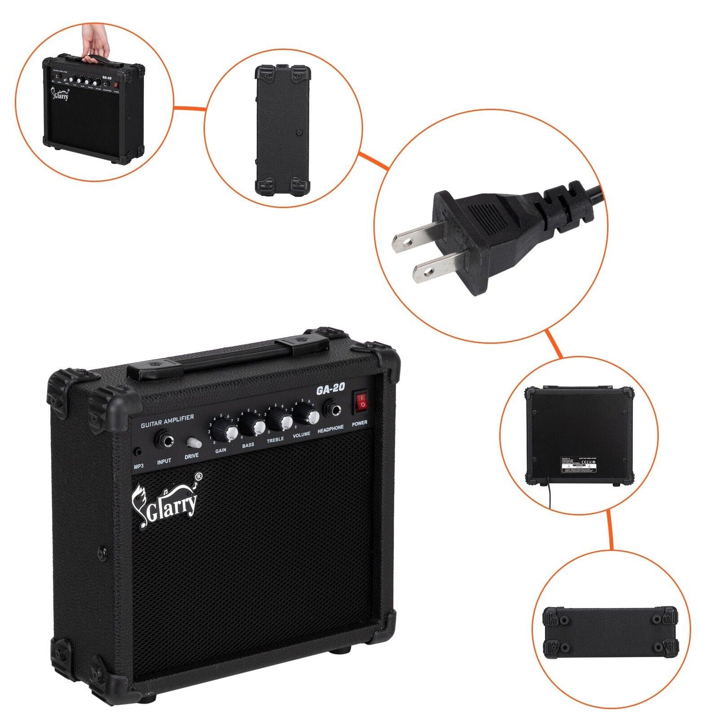 Glarry Electric Bass Guitar Amplifier 20Watt Bass Combo Amp Speaker