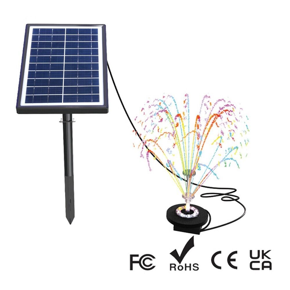 7W Solar Powered Fountain Coloured LED Water Pump with 11 Nozzles Garden UKStock